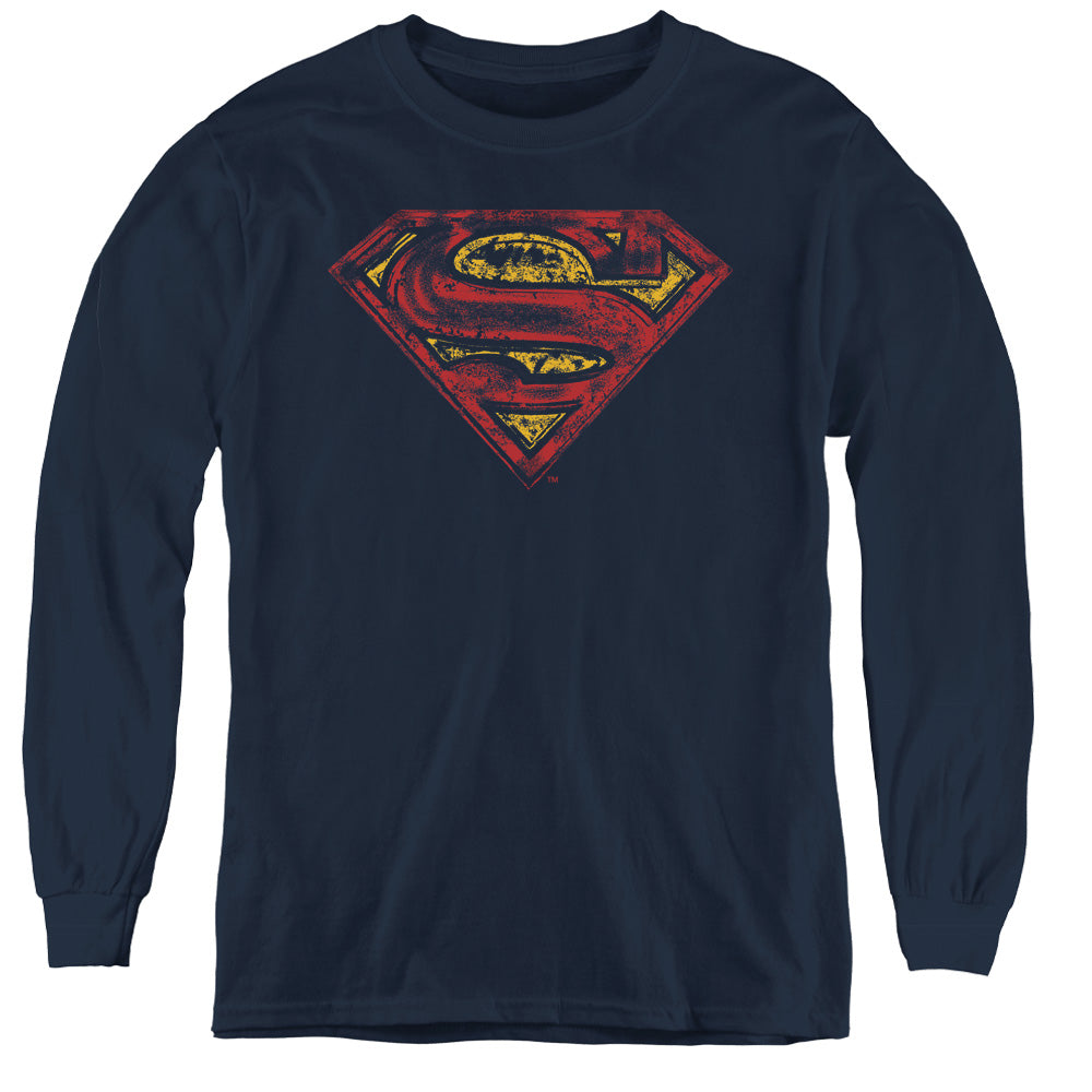 Superman S Shield Rough Navy Youth Long Sleeve T-Shirt