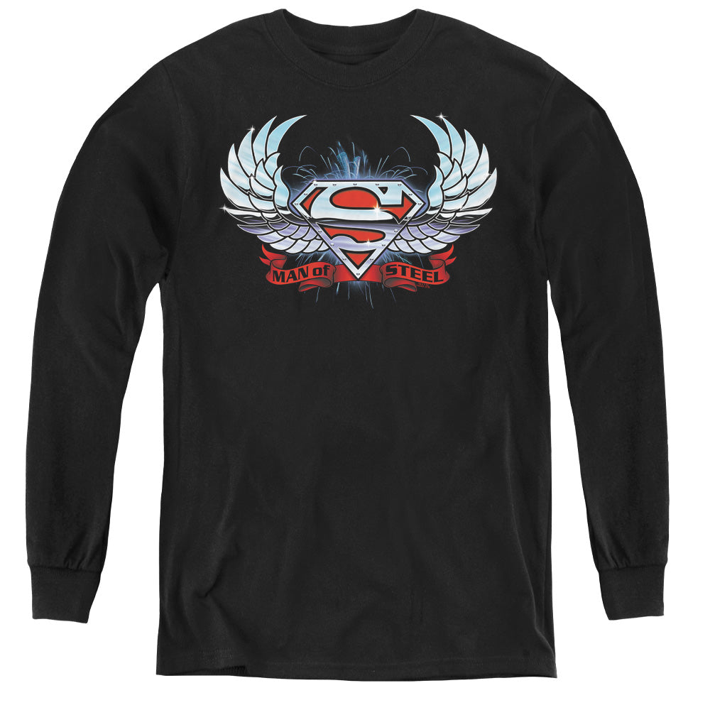 Superman Chrome Wings Shield Youth Long Sleeve T-Shirt
