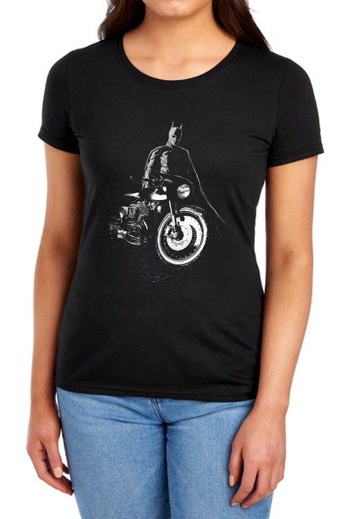 The Batman And His Motorcycle Womens T-Shirt