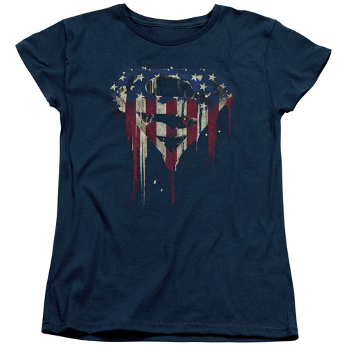 Superman Bleeding Shield Navy Womens T-Shirt