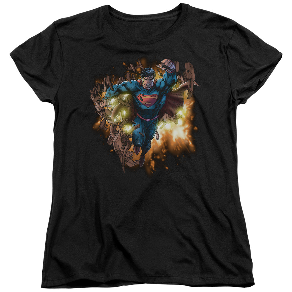 Superman Blasting Through Womens T-Shirt