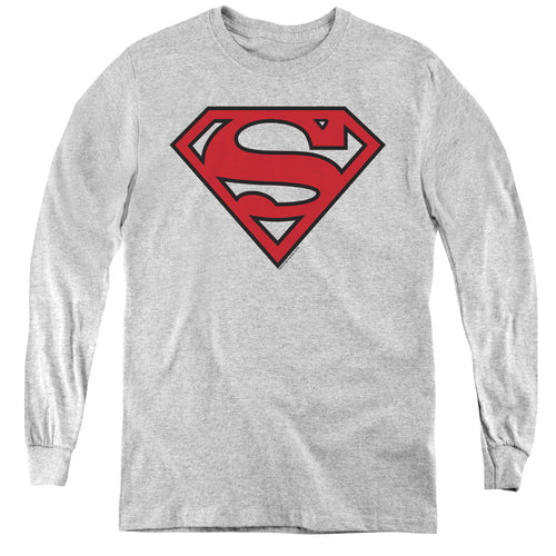 Superman Red & Black Shield Athletic Heather Youth Long Sleeve T-Shirt