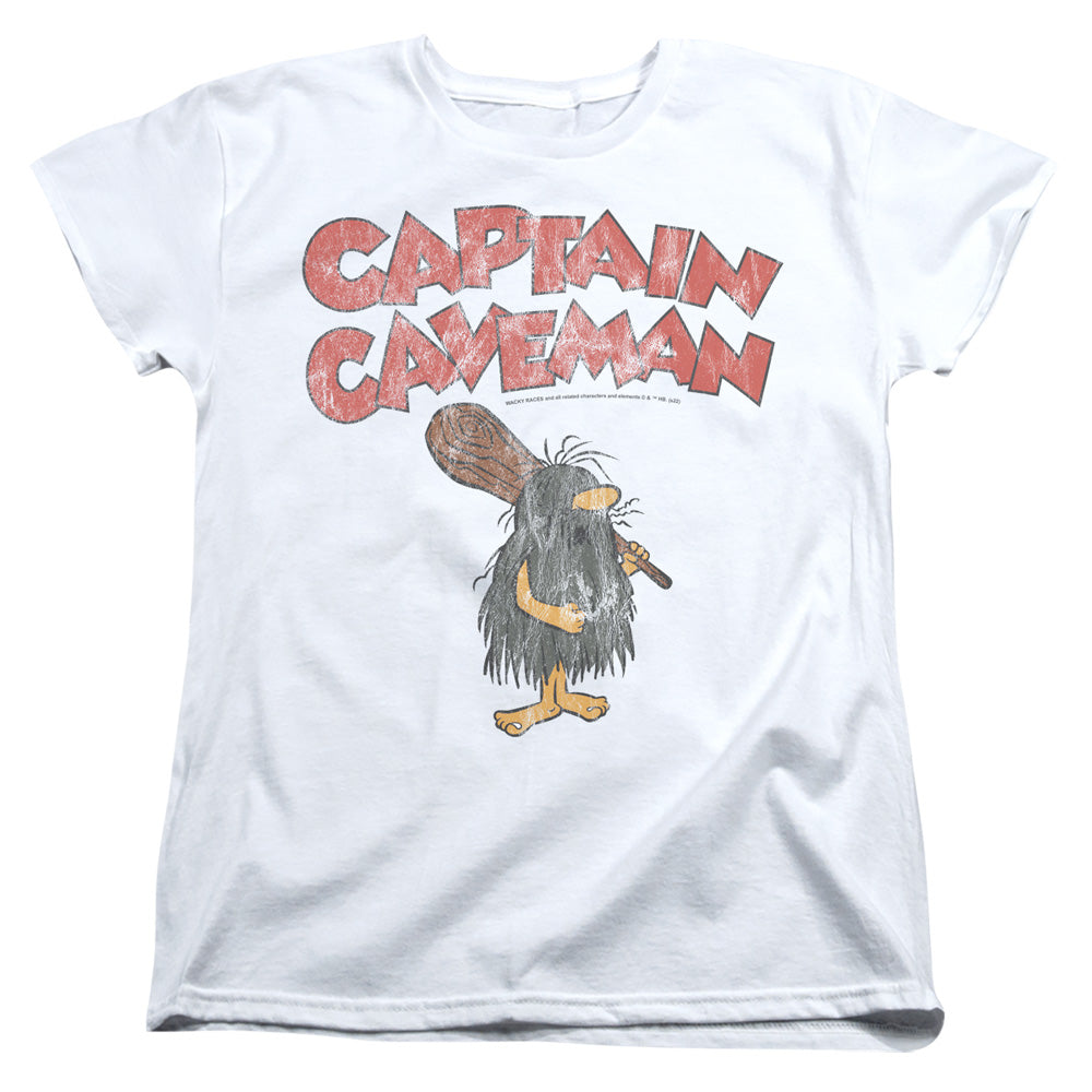 Captain Caveman Distressed Logo on White Womens T-Shirt