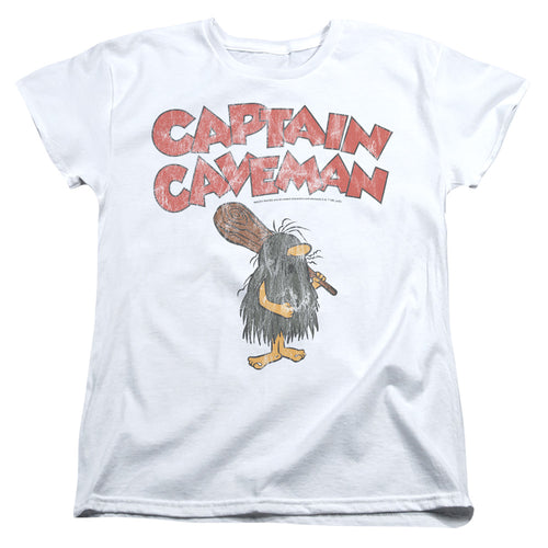 Captain Caveman Distressed Logo on White Womens T-Shirt