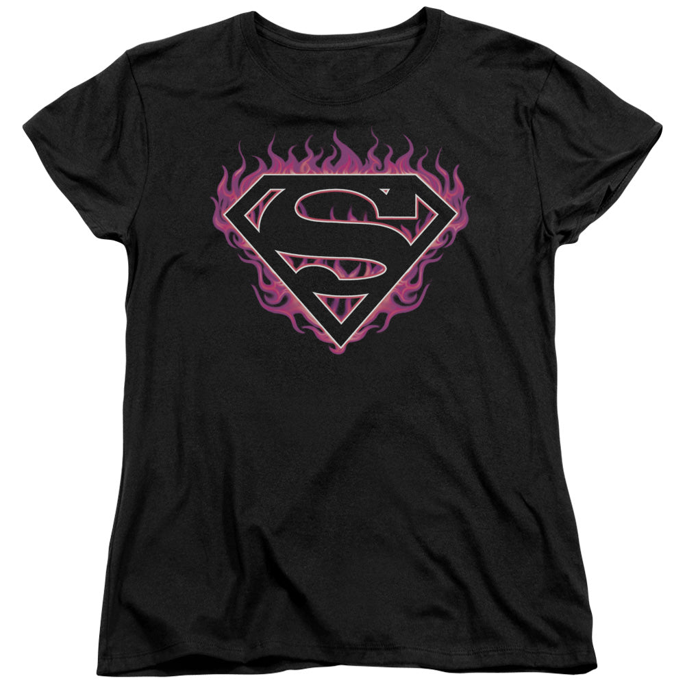 Superman Fuchsia Flames Womens T-Shirt