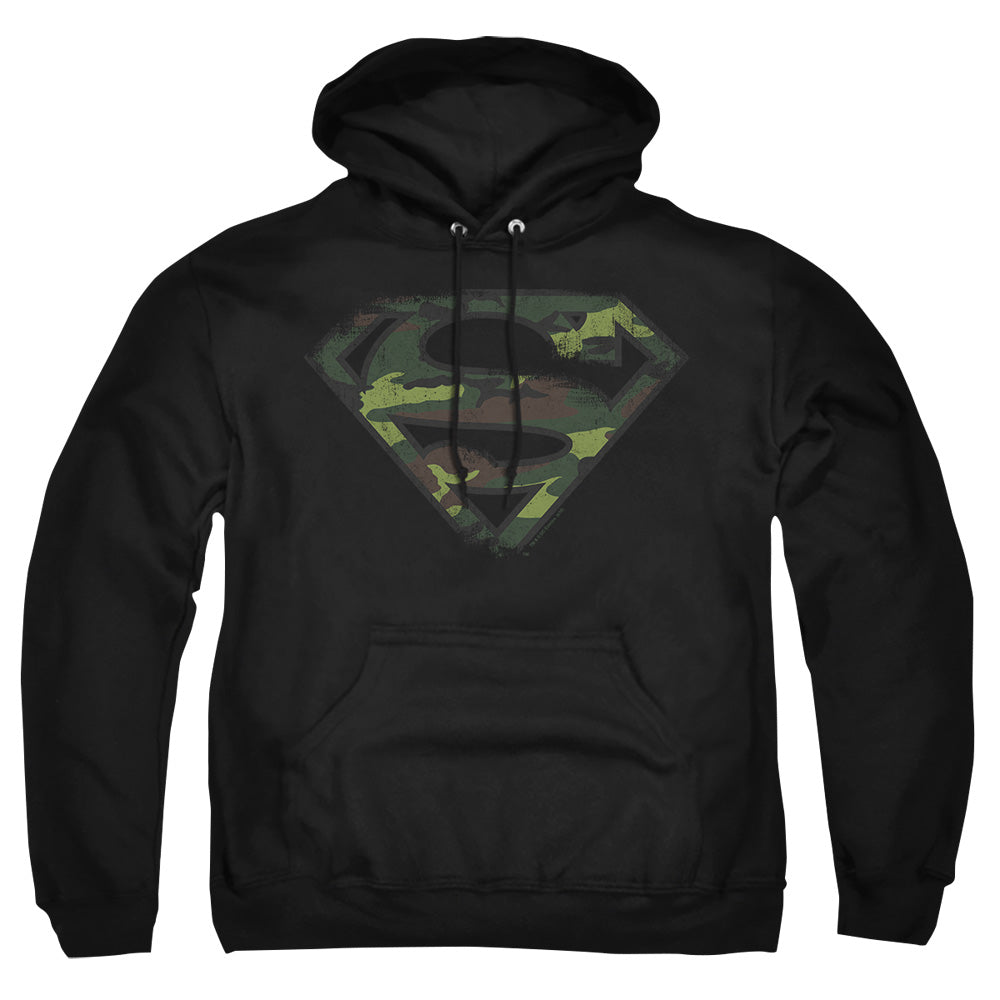 Superman Distressed Camo Shield Black Pullover Hoodie