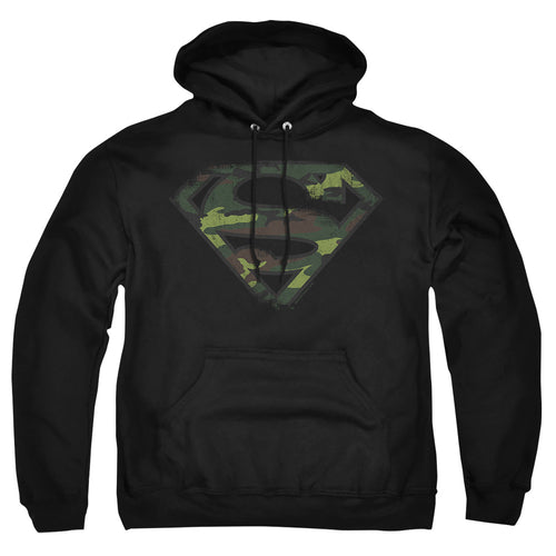 Superman Distressed Camo Shield Black Pullover Hoodie