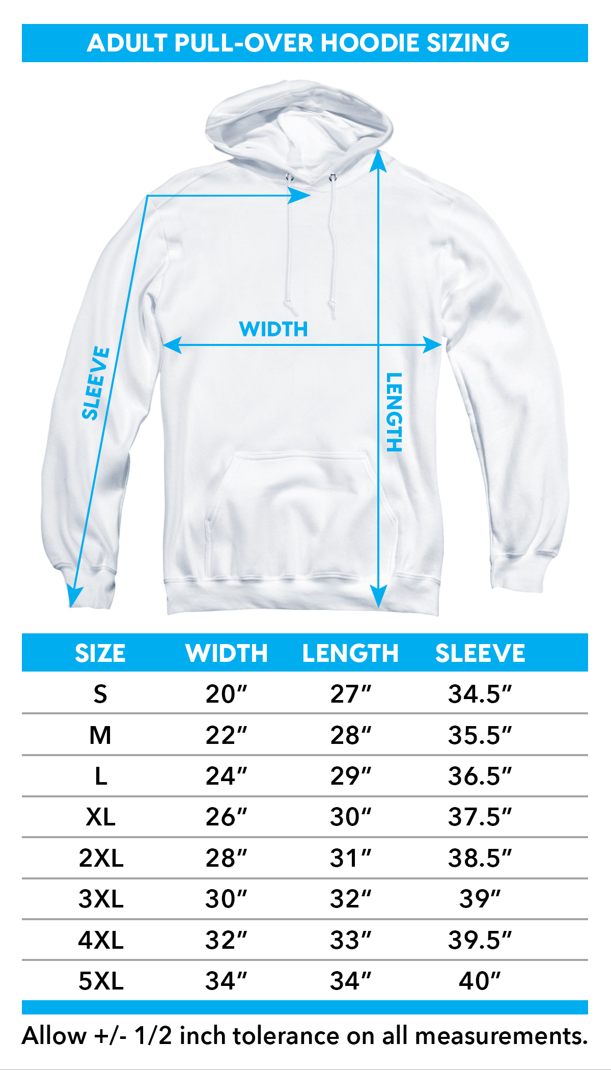 Size chart for Kung Fu Panda Hoodie - Drago Po TRV-DRM301-AT