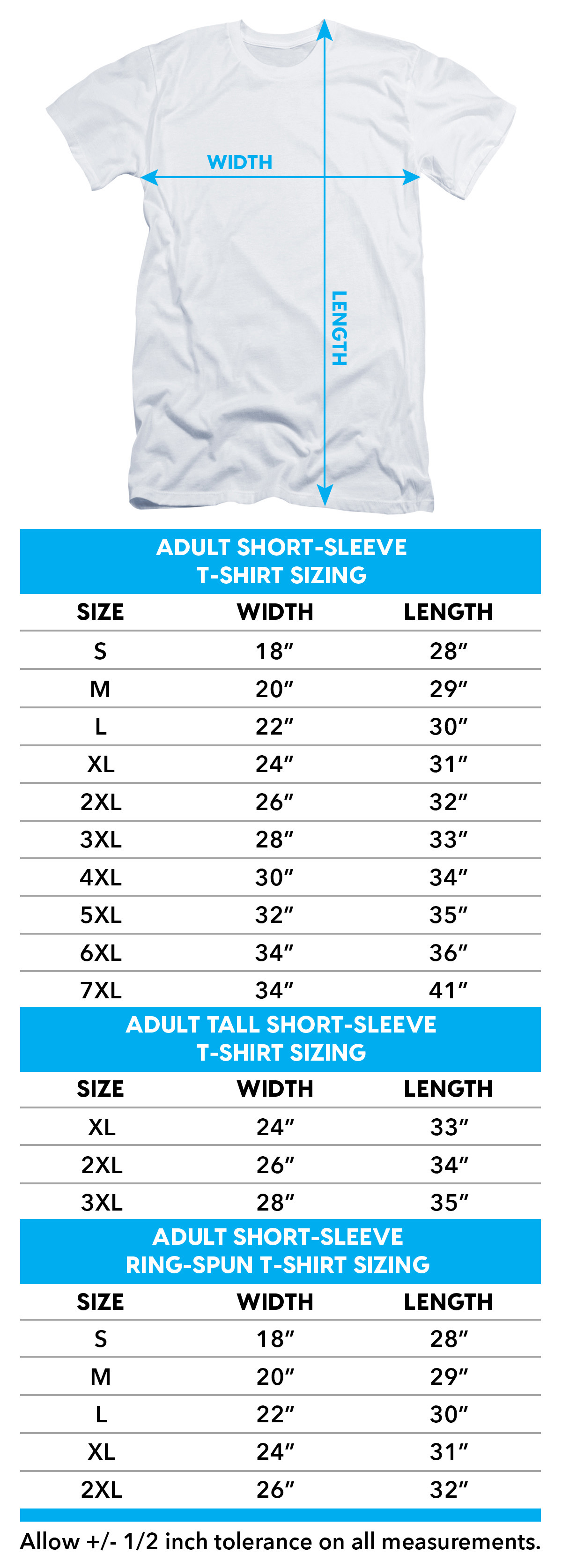 Size chart for Captain Marvel Power Bolt T-Shirt TRV-DCO141-AT